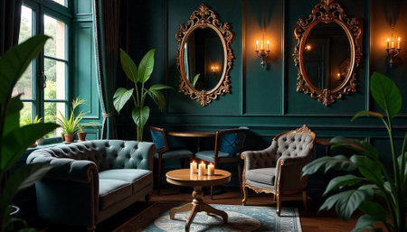 Opulent teal interior with antique mirrors and soft lightingの写真素材