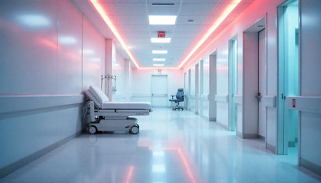 Modern hospital hallway with emergency bed and waiting chairの写真素材