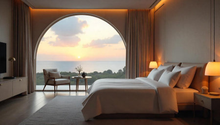 Luxury bedroom overlooking ocean sunset with modern interior designの写真素材