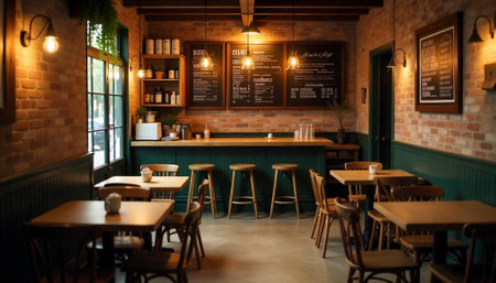 Cozy vintage style cafe interior with warm lighting and brick
