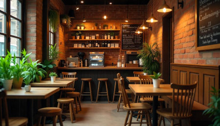 Rustic cafe interior with brick walls and wooden furnitureの写真素材