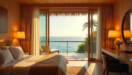 Luxurious bedroom with ocean view and balcony accessの写真素材
