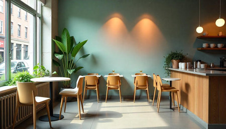 Modern cafe interior with plants and natural light