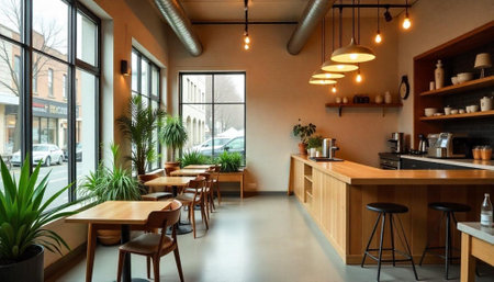 Inviting cafe interior with natural light and wood accents