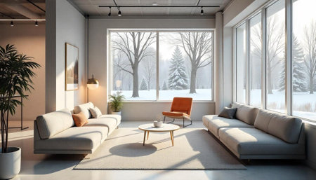 Bright living room interior with winter landscape window viewの写真素材