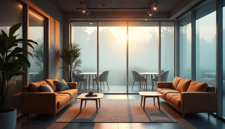 Modern living room with morning light and foggy backdropの写真素材