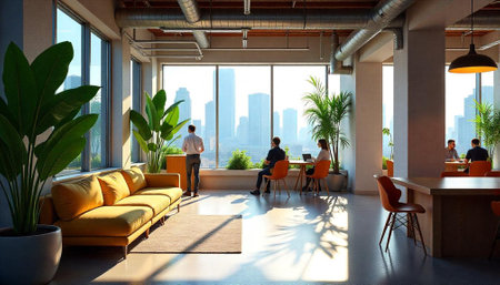Bright, modern office space with city views and teamworkの写真素材