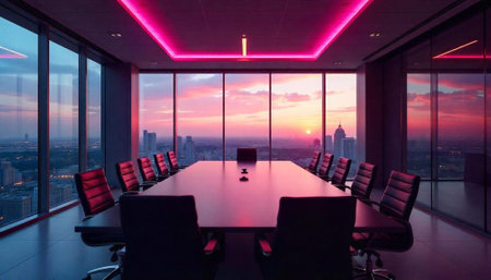 Modern conference room interior with city view at sunsetの写真素材