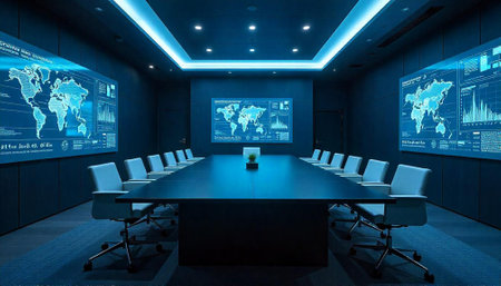 Modern conference room illuminated by cool blue screen technologyの写真素材