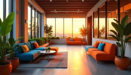 Modern living room at sunset with plants and sofasの写真素材