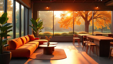 Interior design with fall colors and park view at sunset