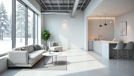 Minimalist living room with winter landscape view from window