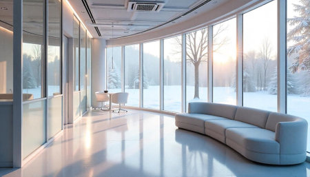 Modern office interior overlooking snowy winter landscape at sunrise