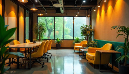 Bright modern office interior with nature view on a rainy dayの写真素材