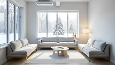 Modern interior with minimalist design and winter landscape view