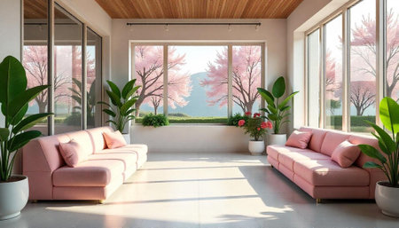 Bright living room interior with pink sofas and nature view