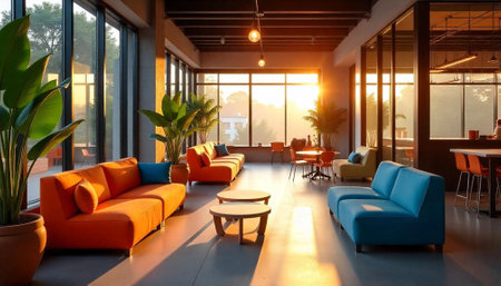 Sunlit modern lobby area with colorful sofas and plantsの写真素材