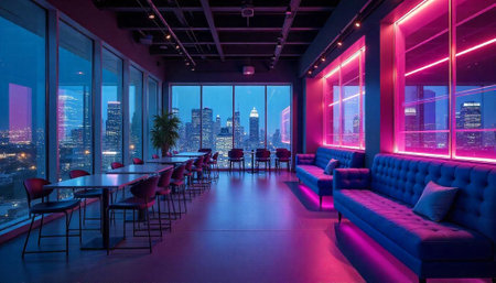 Modern lounge with neon lights overlooking city at night