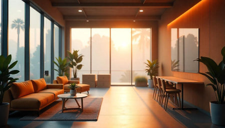 Sunlit open plan office with seating and tablesの写真素材