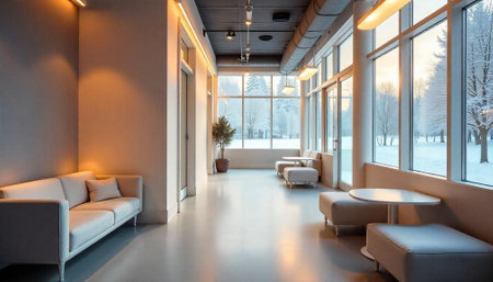 Modern office waiting area with snow view outside windowsの写真素材