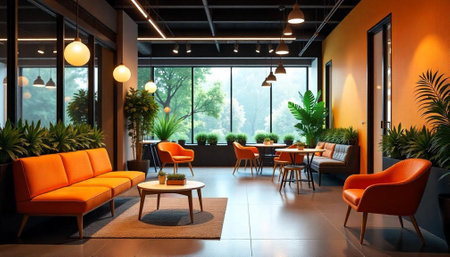 Interior of a modern cafe with orange sofa and orange armchairsの写真素材