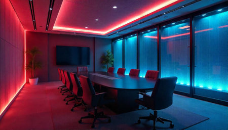 Modern corporate conference room with vibrant lighting effectsの写真素材