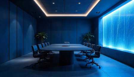 Blue toned modern conference room with long table setupの写真素材