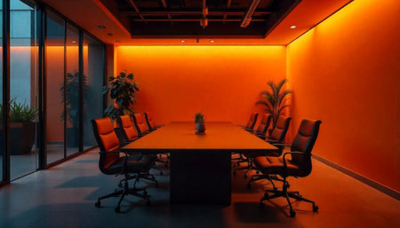Warm orange modern conference room with long table setupの写真素材