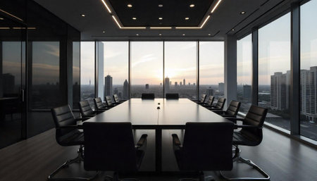 Modern board room with city view at sunsetの写真素材