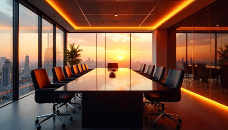 Modern corporate boardroom with panoramic city view at sunsetの写真素材