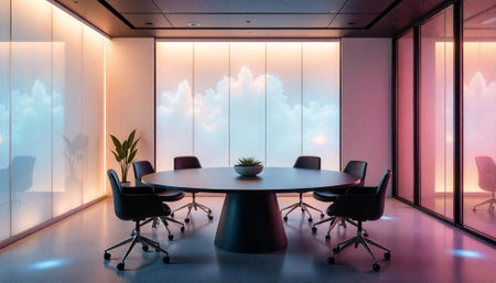 Modern conference room with round table and cloud backdrop