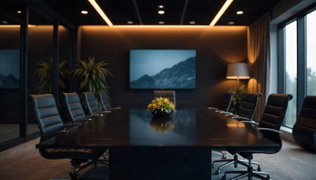 Modern conference room with long table and luxury chairs