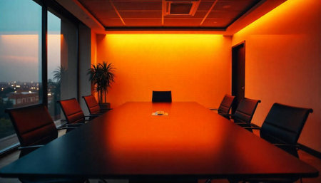 Modern conference room with a large boardroom tableの写真素材