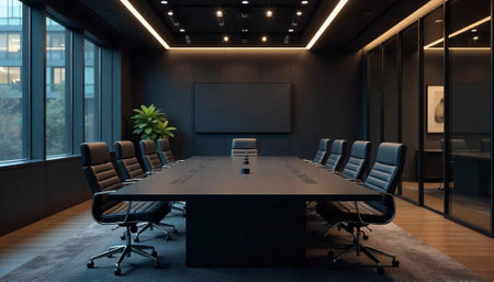 Dark contemporary conference room with black table and chairs