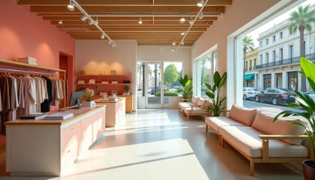 Bright modern clothing store interior with pink accents and viewsの写真素材