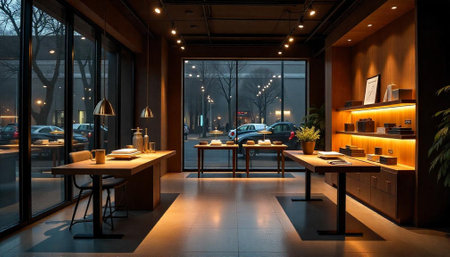 Warmly lit store interior showcasing product displays and designの写真素材