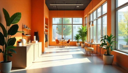 Modern office space with orange walls and sunlightの写真素材