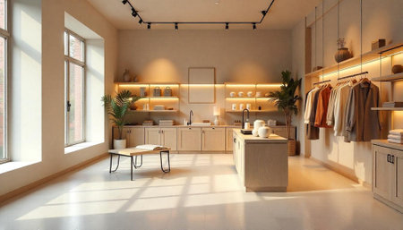 Bright modern boutique interior with clothes and accessories display
