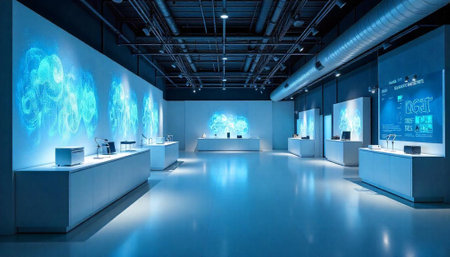 Modern tech showroom featuring digital displays and sleek furniture