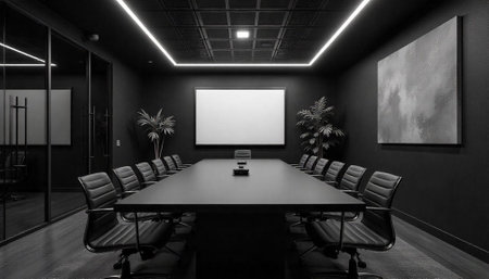 Monochromatic conference room with minimalist design and long table
