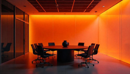 Minimalist conference room with round table and ambient lightingの写真素材