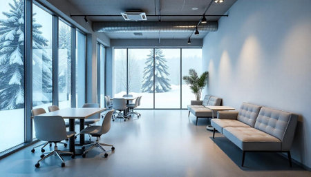 Bright modern office with winter landscape seen through windowsの写真素材