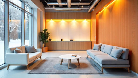 Modern waiting room interior with sofas and winter viewの写真素材