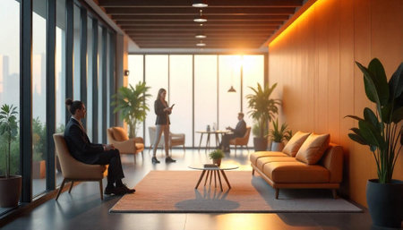 Modern business lounge area bathed in golden sunlight glowの写真素材