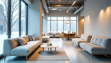 Modern Office Waiting Area With Winter Landscape View