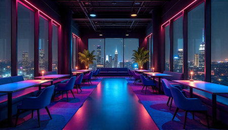 Modern rooftop lounge with vibrant cityscape and neon lights