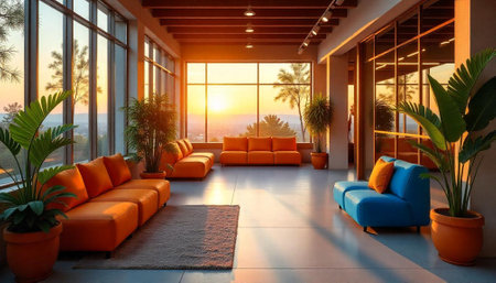 Modern interior design with panoramic sunset view and sofasの写真素材