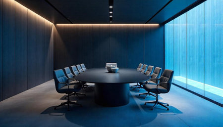 Modern office conference room with long table and chairs