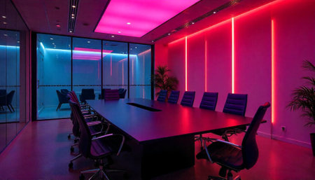 Neon-lit conference room with a dark modern aesthetic