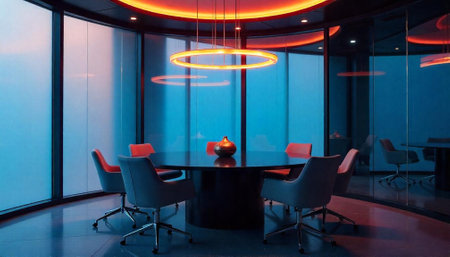 Modern office meeting room featuring circular lighting and round tableの写真素材